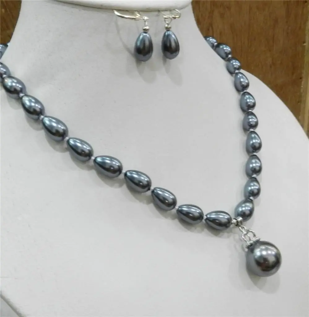 

Teardrop Dark Gray Akoya Cultured Shell Pearl Necklace Earring & 16mm Pendant AA^^^@^Noble style Natural Fine jewe FREE SHIPPING