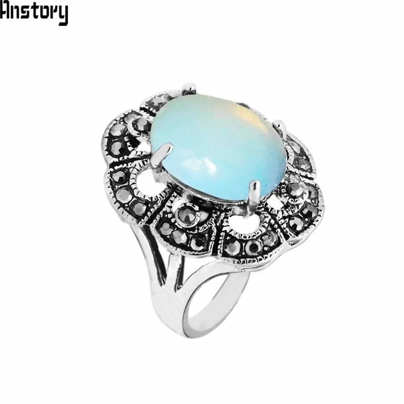 Oval Transparent Opal Rings For Women Antique Silver Plated Rhinestone Plum Flower Vintage Jewelry TR706|Кольца| |