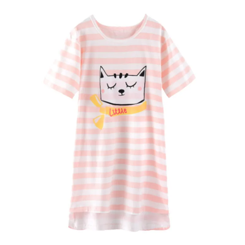 Pink Cat Хлопковые ночные рубашки для девочек; летняя детская одежда; детская ночная рубашка; домашняя одежда для маленьких девочек; пижамы; платье; Ночные сорочки в полоску с героями мультфильмов - Цвет: Pink Cat