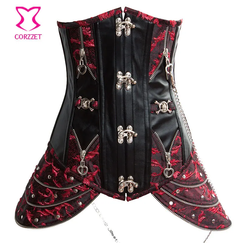 Red and Black Steampunk Skirted Corsets Steel Boned Waist Trainer Corset Underbust Sexy Corpetes E Espartilhos Gothic Clothing