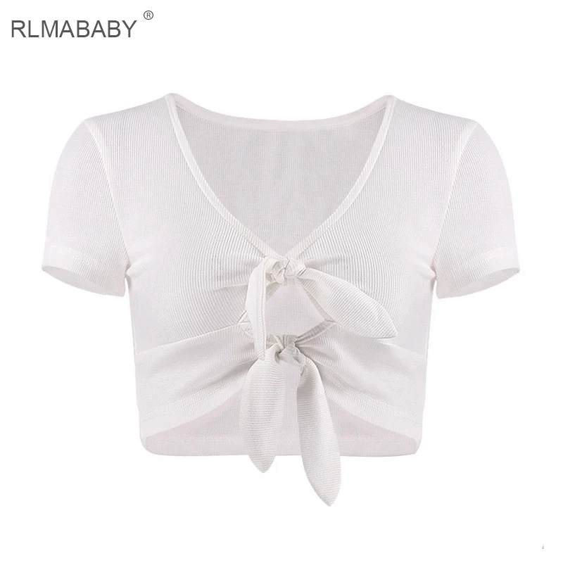 RLMABABY сексуальный повязку футболка с бантом Для женщин глубоким v образным