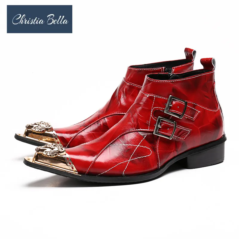 

Christia Bella Winter Patchwork Men Shoes Genuine Leather Boots Fashion Metal Toe Boots Plus Size Ankle Boots Buckle Strap Boots