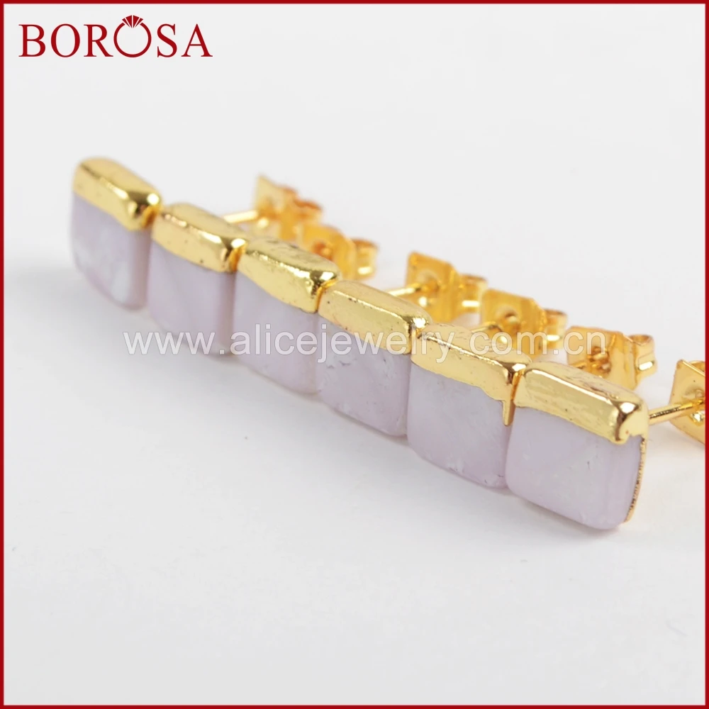 Женские серьги-гвоздики BOROSA, золотые, 7 мм, квадратные, из натурального белого ракушка, модные, Druzy, серьги-гвоздики, ювелирные изделия, G1363