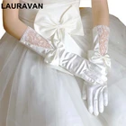 Свадебные атласные перчатки luva de noiva с длинным кружевным бантом, с пальцами, цвета слоновой кости, белые свадебные перчатки, свадебные аксессуары