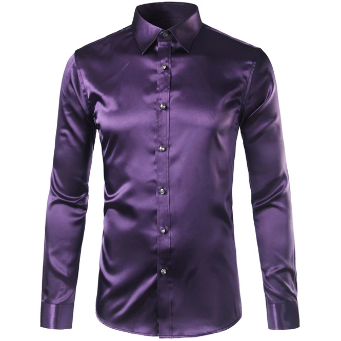 dark purple Трендовая шелковая атласная Мужская рубашка с длинным рукавом Chemise Homme модная мужская приталенная рубашка из искусственного шелка на пуговицах - Цвет: dark purple
