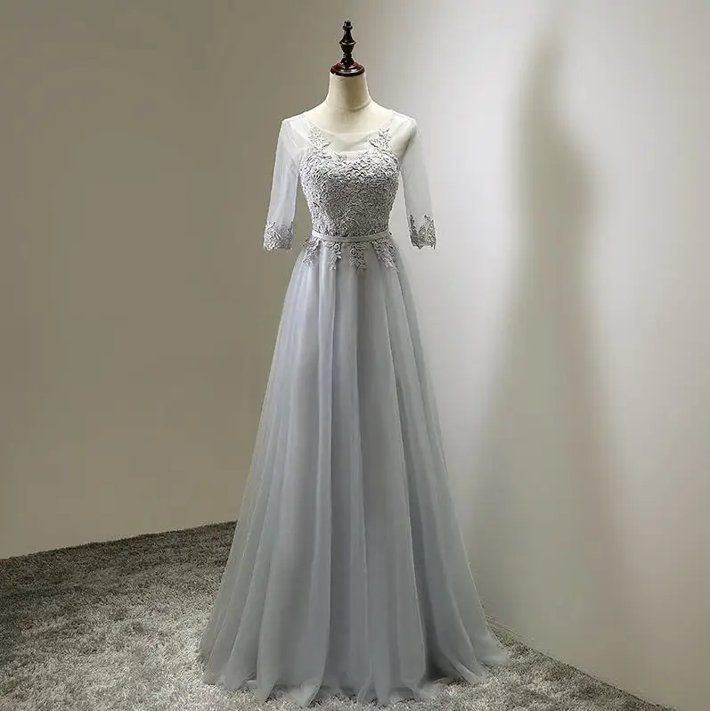 gray long Robe de soiree розовое короткое вечернее платье с открытыми плечами и кружевной вышивкой, вечерние платья - Цвет: gray long