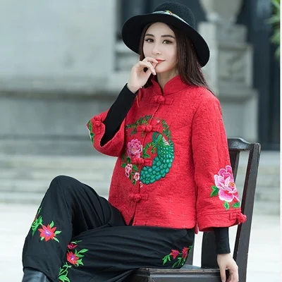 2 Женские китайские топы, винтажное пальто с вышивкой Hanfu, этническое пальто с воротником-стойкой, хлопковая льняная одежда в китайском стиле для женщин, FF1758 - Цвет: 2