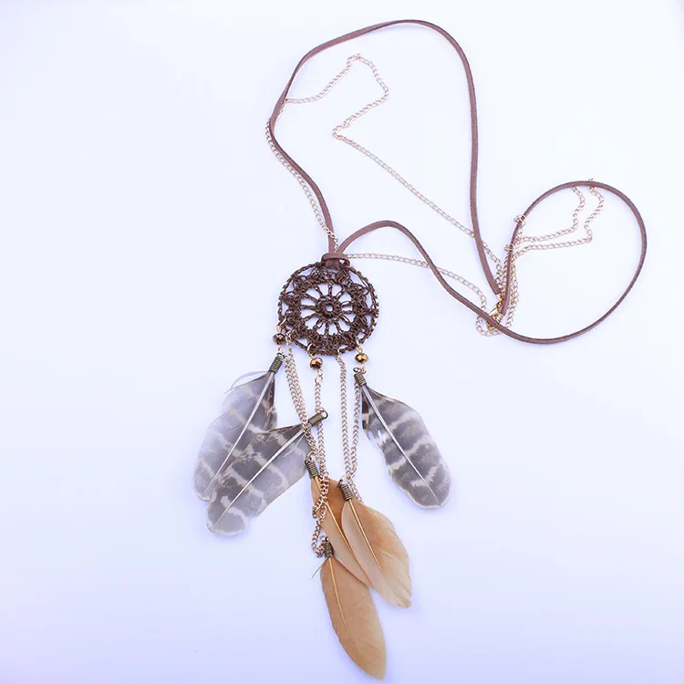 Плетеный Длинные Ловца снов Ожерелья Женщины Перо Подвески Коричневая Кожа