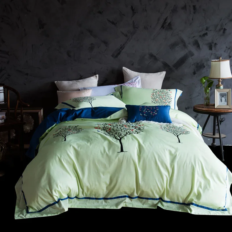 

Luxury Egypt Cotton serenaded by birdsong Bedding Set Embroidery Duvet cover set Bed Sheet Pillowcases Queen King size 4Pcs