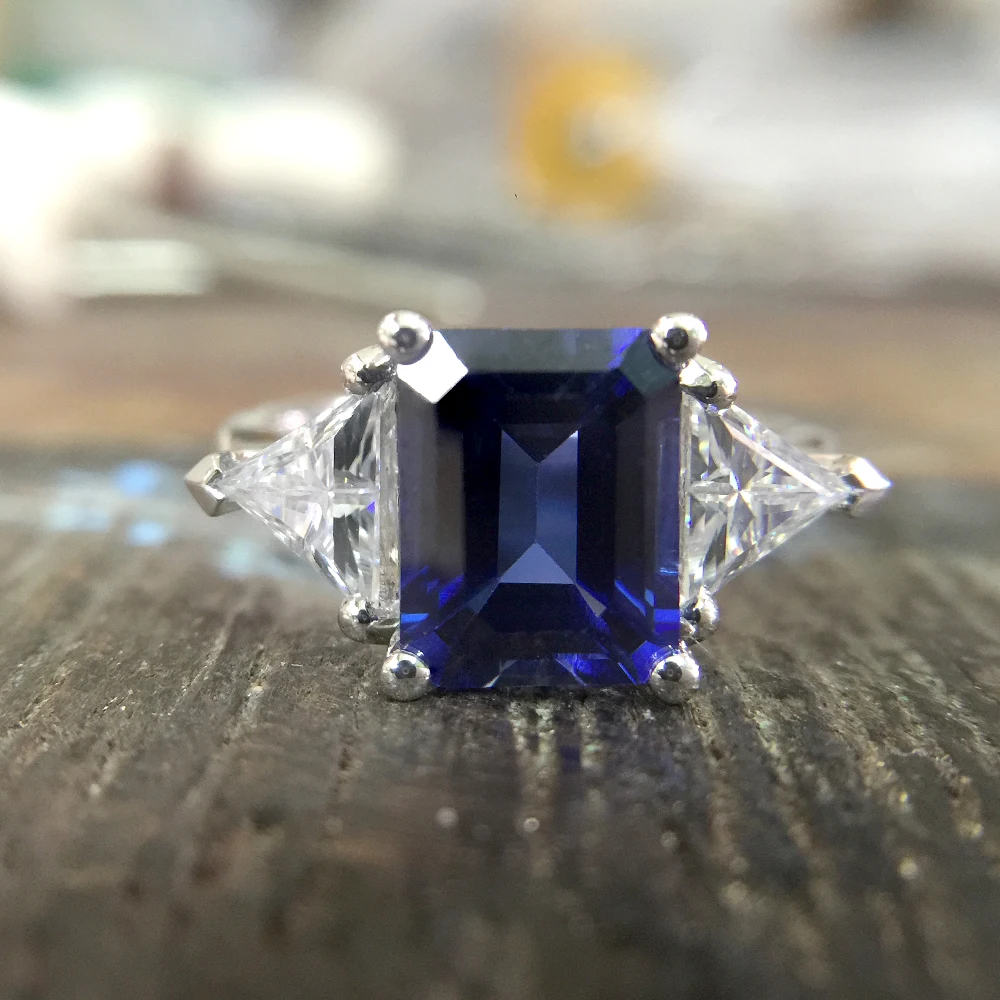 14 к белое золото 3.21ct Изумрудное кольцо 7x9 мм лабораторный сапфировые обручальные с 1ctw белый Moissanite кольцо