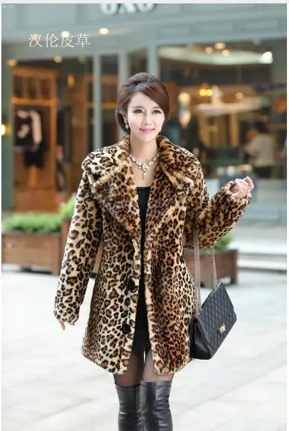 

Женская зимняя теплая куртка с леопардовым принтом и кроличьим мехом, длинное кожаное пальто с отложным воротником, пальто с искусственным ...