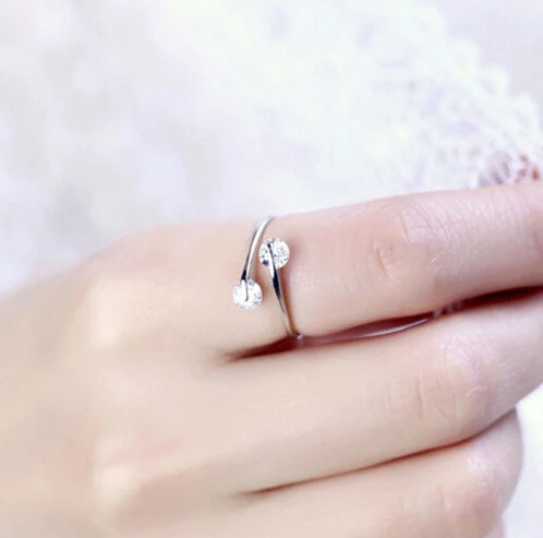 Женские серебряные кольца с двойным цирконием ANENJERY открытые обручальные 925 пробы - Фото №1