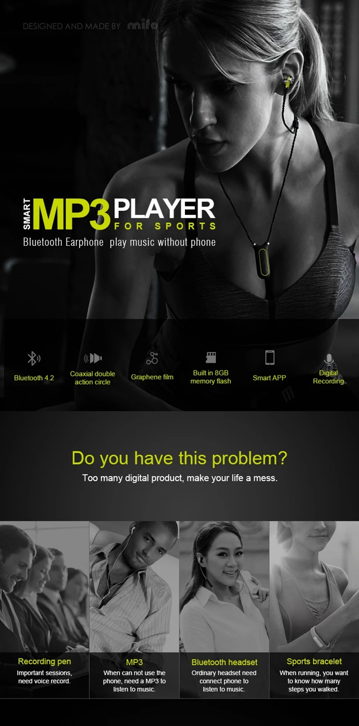 Mifo I2 Bluetooth наушники беспроводные наушники Встроенный 16 Гб mp3-плеер IPX8 водонепроницаемые спортивные наушники с микрофоном для телефона