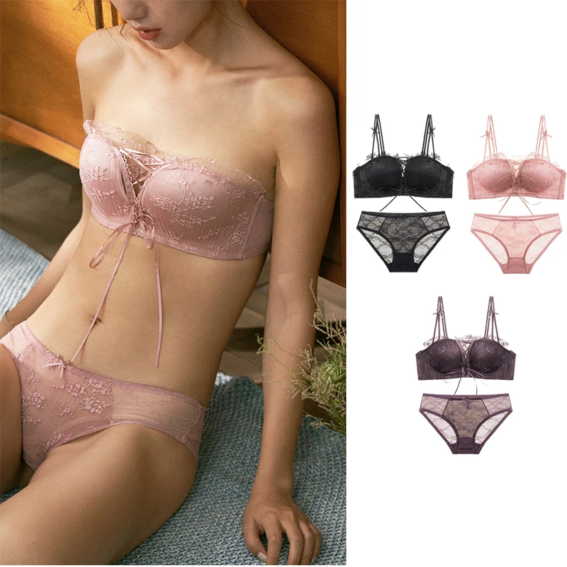 Sexy Push Up Bra Sets Add Two Cups Floral Brassiere Lace Bras for Women A B cups Briefs Underwear With Panties Lingerie | Женская одежда