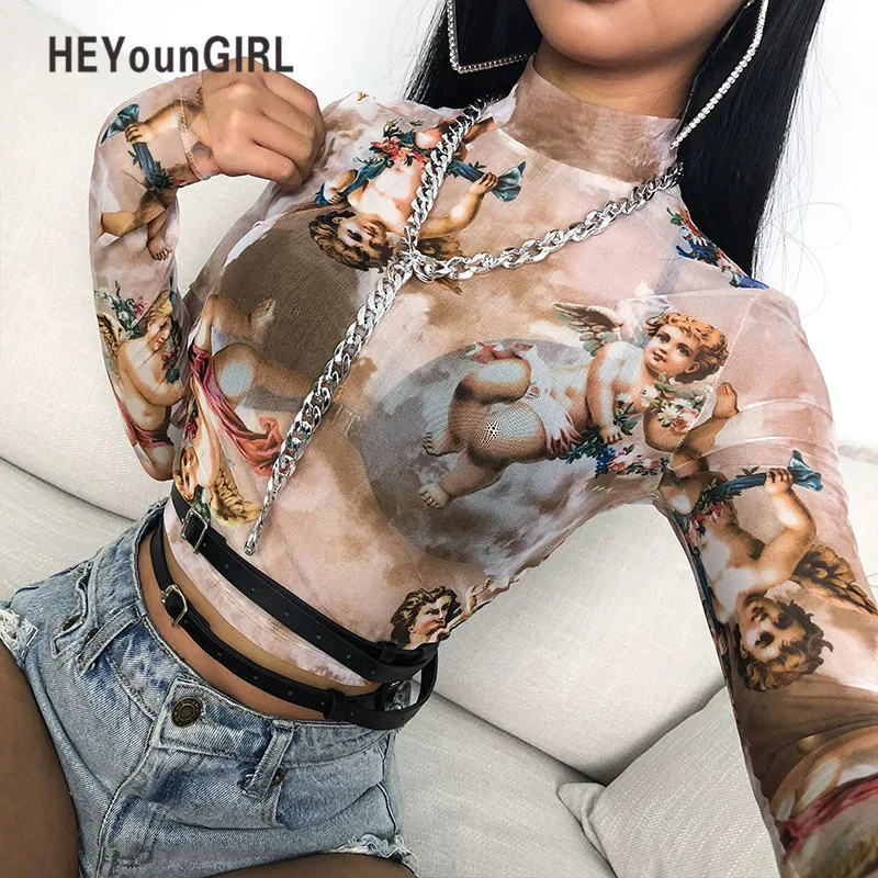 Сексуальный сетчатый укороченный топ HEYounGIRL с длинным рукавом и принтом