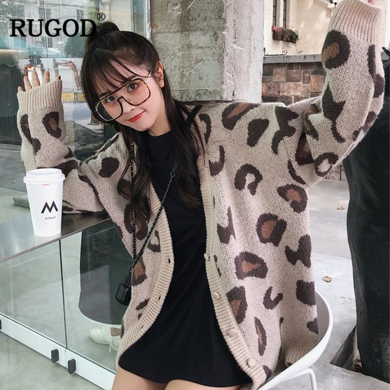 RUGOD Модные леопардовые женские кардиганы с длинным рукавом вязаный свитер