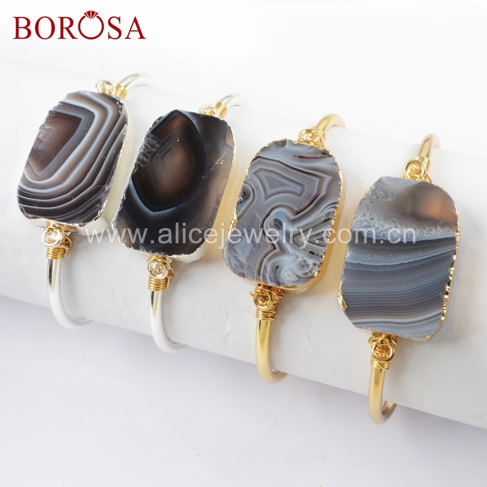 

BOROSA 5PCS Handmade Wire Wrap Gold Plated Botswana Agates Bangles Natural Onyx Agates Stone Bracelet Jewelry for Women G1664