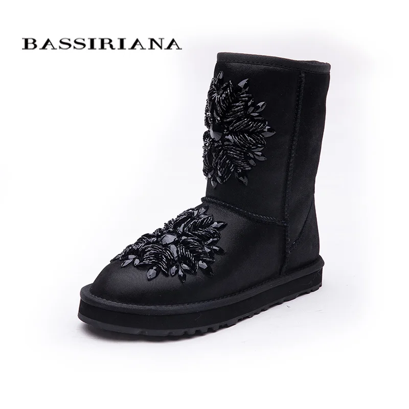 BASSIRIANA-женская мода синий овчины снега сапоги с кристально украшения