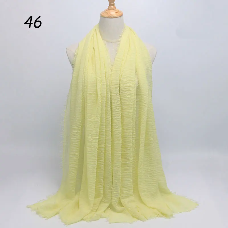 46 Light Yellow Sparsil Весенний хлопковый женский шарф Одноцветный мнущийся Ретро шарф с короткими кисточками 180 см Большие шали мусульманские женские хиджабы - Цвет: 46 Light Yellow