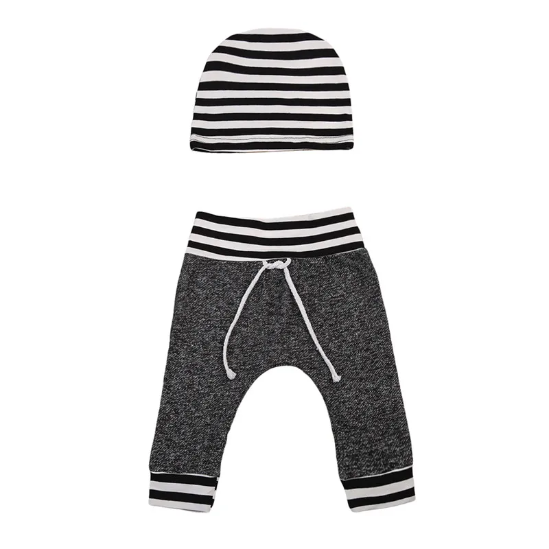 2PCS Toddler Newborn Infant Baby Girl Boy Outfit Cotton Striped Pants + Caps Fashion Clothes Outfits For Boys | Детская одежда и