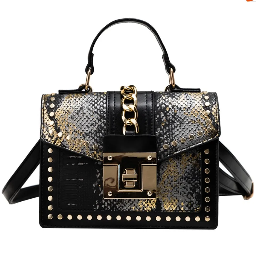 06 Black-Gloden Новые роскошные женские сумки Змеиный лоток для курьерских сумок сумка через плечо заклепки слинг цепи плеча Bolsa маленькие сумки - Цвет: 06 Black-Gloden