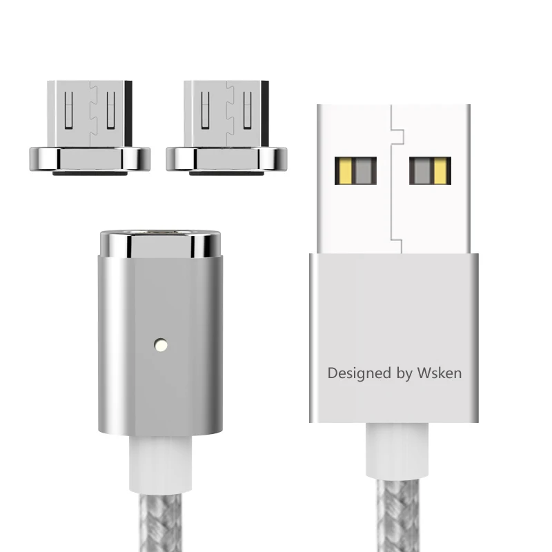 with 2 plugs silver Wsken Mini 2 светодиодный магнитный кабель USB быстрой зарядки Магнитная Зарядное устройство Micro USB кабель для Samsung S6 S7 Edge Micro USB устройств 1 м - Цвет: with 2 plugs silver