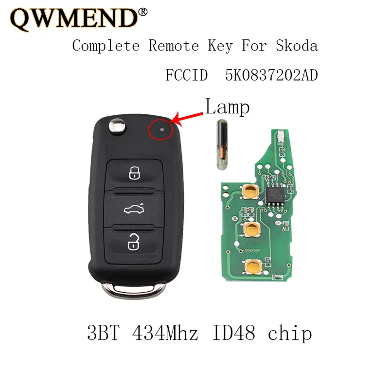 Дистанционный ключ QWMEND для Skoda Fabia Superb Roomster 3 кнопки ID48 чип 2002 2011 5K0 837 202 AD 202AD 434 МГц