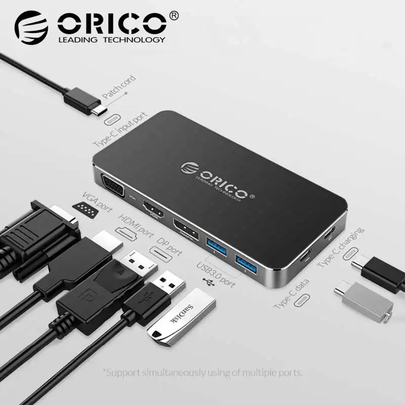 Orico 8 в 1 док-станция type-C многофункциональный концентратор 2 Usb 3,0 порта конвертер Usb-C к Dp 4K Hd Hdmi Vga Displayport ноутбук