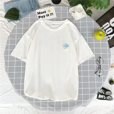 white Harajuku, летняя футболка с коротким рукавом, Женская Повседневная футболка с вышивкой, женские корейские милые винтажные хлопковые топы, футболки - Цвет: white