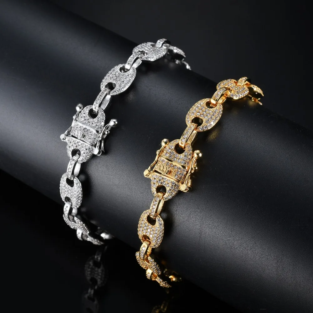 Мужской хип-хоп iced out кофе bean браслет мозаика установка циркон 7-8 дюймов Размер браслеты модные очаровательные мужские ювелирные изделия Хип-хоп подарки