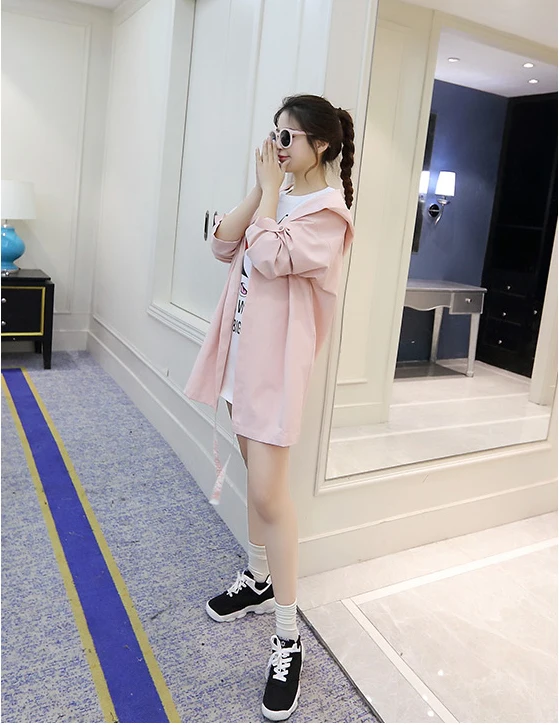 

Spring autumn long windbreaker female Korean version bf loose wild hooded women's large size cardigan windbreaker A91
