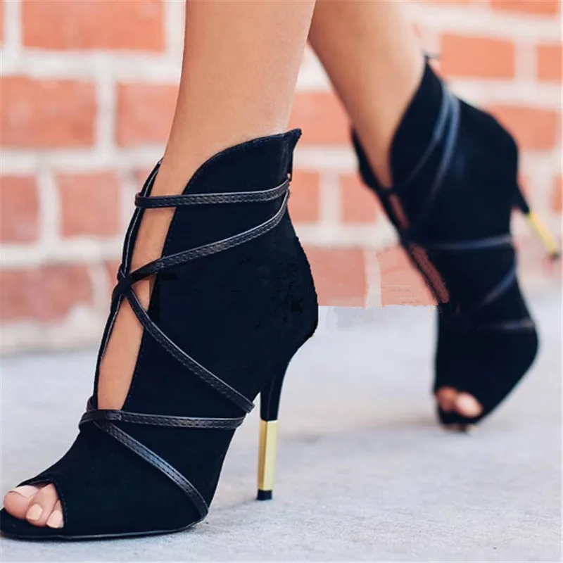 Ботильоны женские из нубука на высоком каблуке с открытым носком узким ремешком