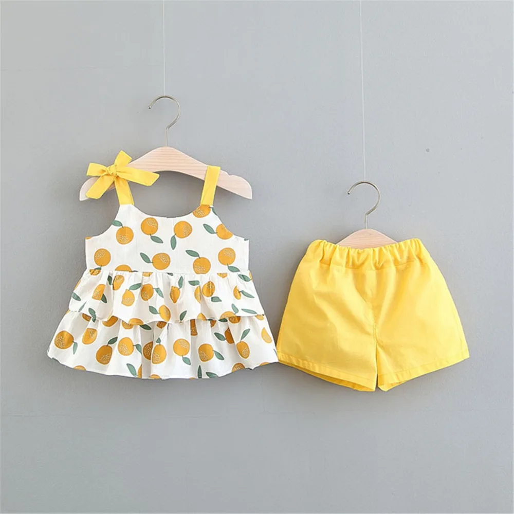 

Baby Girl's Strapless Fruits Print A-line Blouses+Solid Color Shorts 2PCS Clothing Sets Casual Baby Girl's Summer Sets