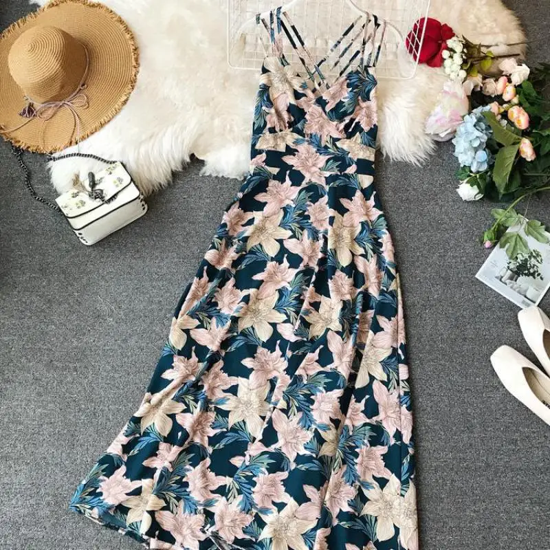 Женское платье на бретельках длинное пляжное с винтажным цветочным принтом и