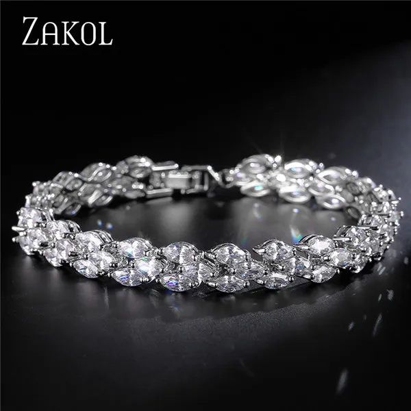 White Модные свадебные браслеты в римском стиле от бренда ZAKOL, прозрачные браслеты и браслеты в виде листа из кубического циркония для женщин, вечерние браслеты FSBP130 - Окраска металла: White