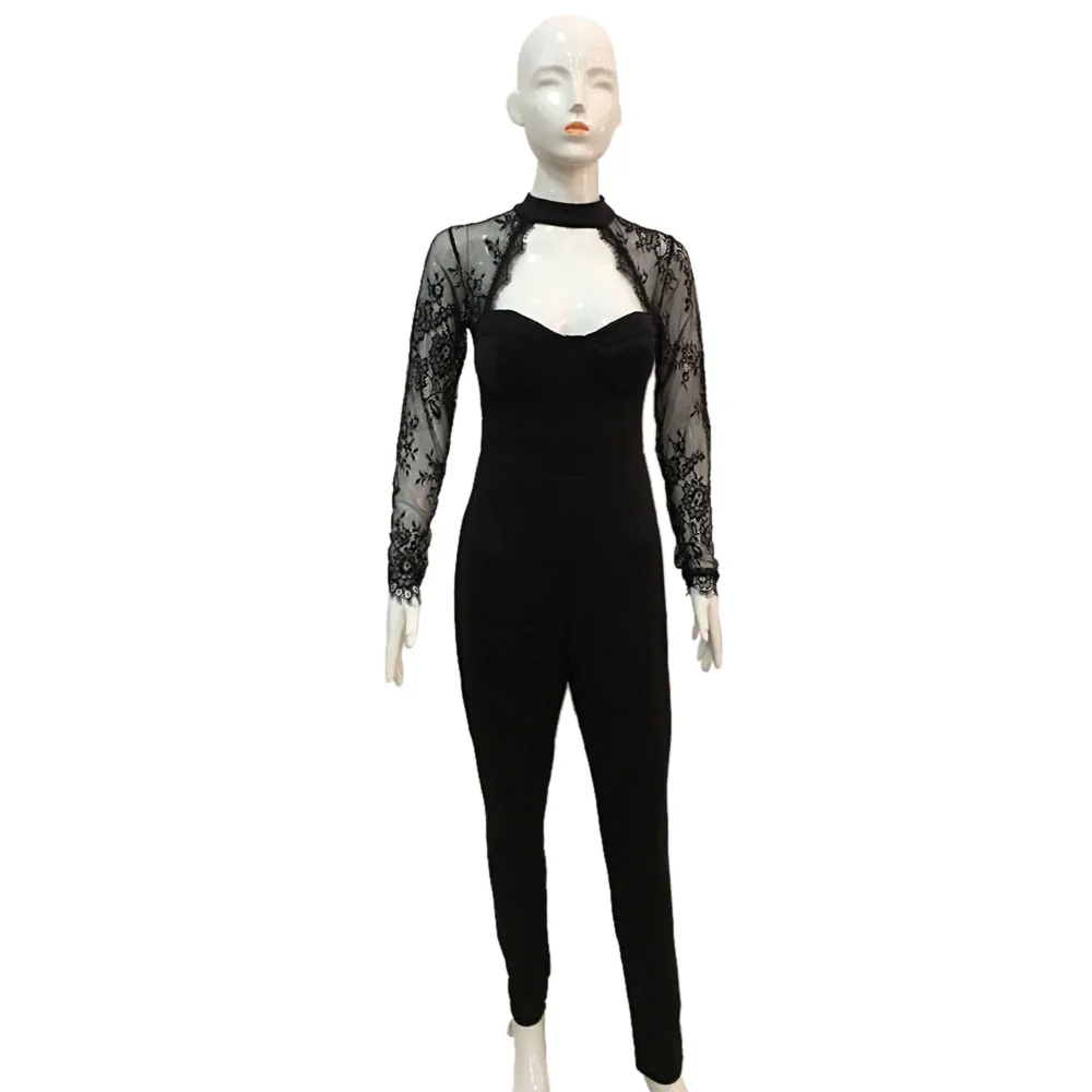 OKAYOASIS модные осенне-зимние женские комбинезоны пикантные модные черные кружевные комбинезоны с длинными рукавами в стиле пэчворк