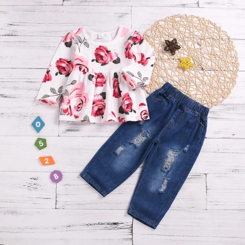 

2019 new style 2 pieces jeans girl clothing set cotton floral boutique children outfits