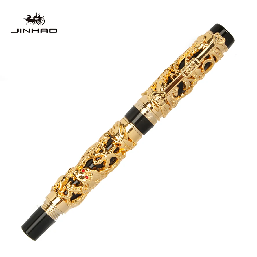 Роскошная Шариковая ручка JINHAO Dragon and Phoenix 0,7 мм, тяжелая Ручка-роллер, офисные принадлежности, подарок - Цвет: Gold-black