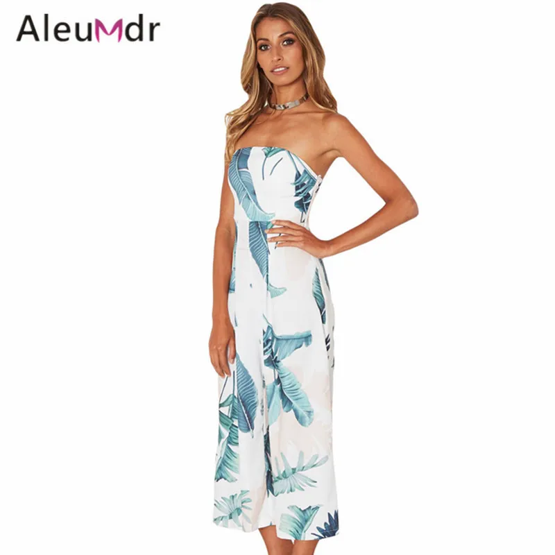 Aleumdr 2017 Лето-плеча Комбинезоны Для Женщин Leaf Печати Без Бретелек Комбинезон