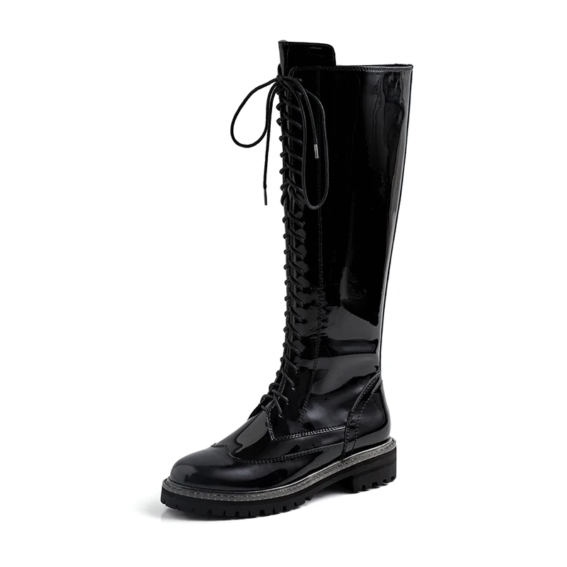 Black patent leather MNIXUAN/зимняя женская обувь высокого качества ручной работы; сапоги до колена; Новинка года; военные сапоги из натуральной кожи на шнуровке и молнии на среднем каблуке - Color: Black patent leather