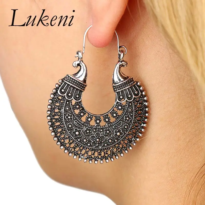 vintage ethnic Hoop Earrings for Women New Hollow carved bohemian round Geometric Female Jewelry personality hoop earrings 2018 | Украшения