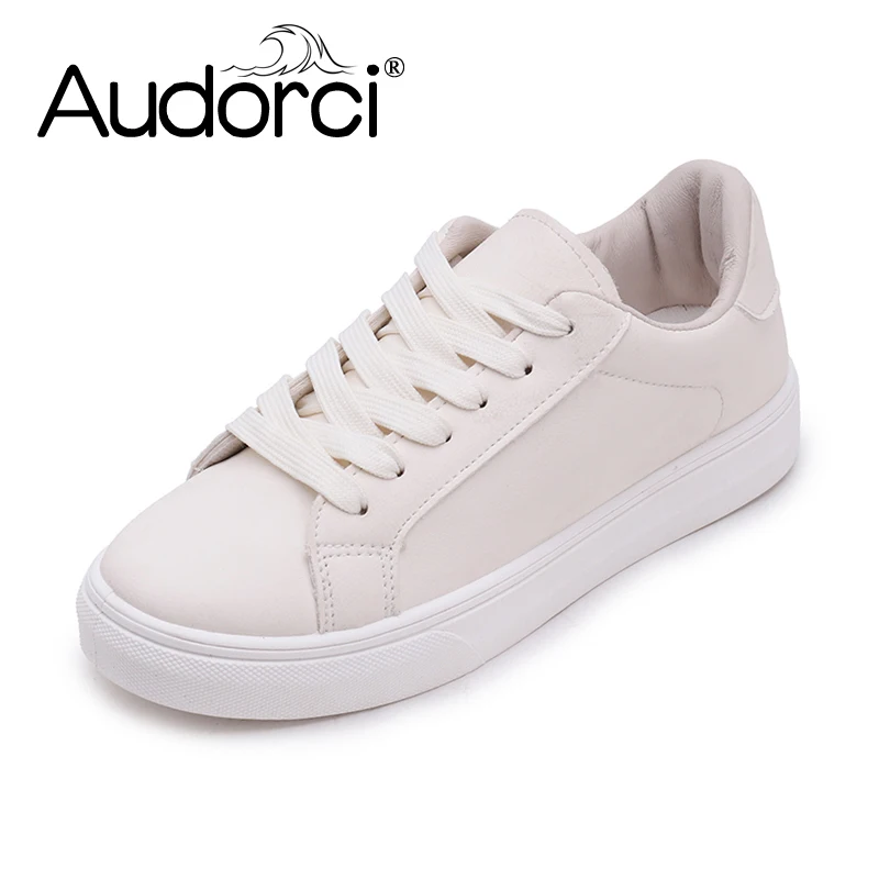 Осенние женские повседневные белые туфли Audorci 2018 на шнуровке из искусственной