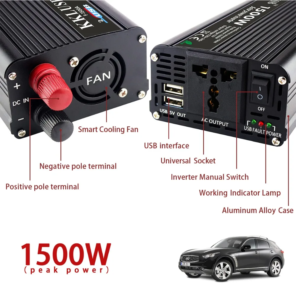 Dual USB 1500 W Car Inverter DC 12 V To AC 220 Charger Converter Protable Vehicle Power Over-voltage protection Supply Switch | Автомобили