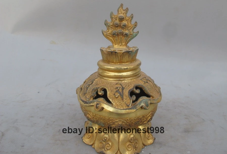 

16 CM Tibet Buddhism lotus Tibetan text Bronze Gilt gild Incense Burner Censer