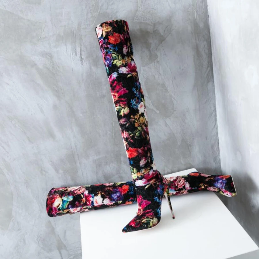 

Stylesowner newest print stretch long boots for women thigh high boots pointed toe stilettos heels flowers over the knee boots
