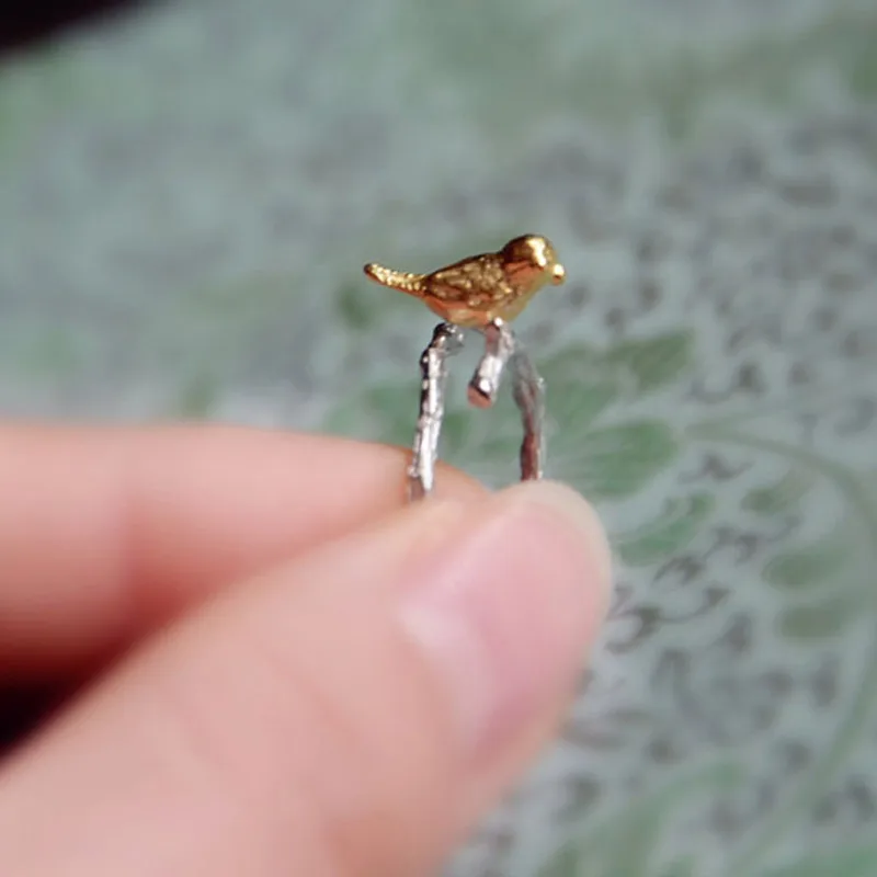 

NEW 925 Sterling Silver Vintage Style Hand-made Branch Bird Opening Ring Adjustable Rings for Women Fashion S925 Jewelry Gift