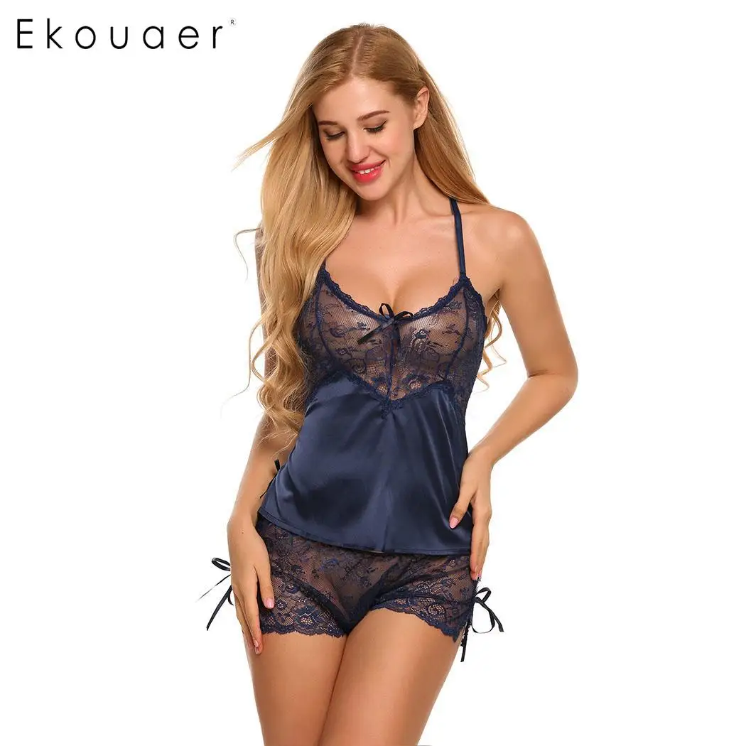 Blue Ekouaer женская сексуальная одежда для сна нижнее белье пижамы набор Спагетти ремень v-образным вырезом кружева лоскутное Babydoll пижамы женские ночные костюмы - Цвет: Blue
