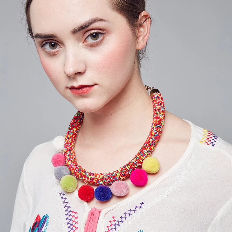 2018 Fashion necklace jewelry for women bohemia seed beads colorful collar pom big chunky punk necklaces &amp pendants Jewelry | Украшения