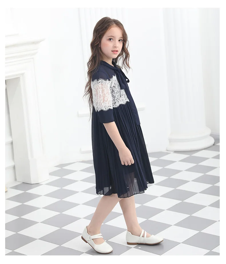 Dark blue Подросток рукава с оборками шифоновые платья для Одежда для девочек age68 10 12 14 16 лет новые большие девочки праздничное платье Детская летняя - Цвет: Dark blue