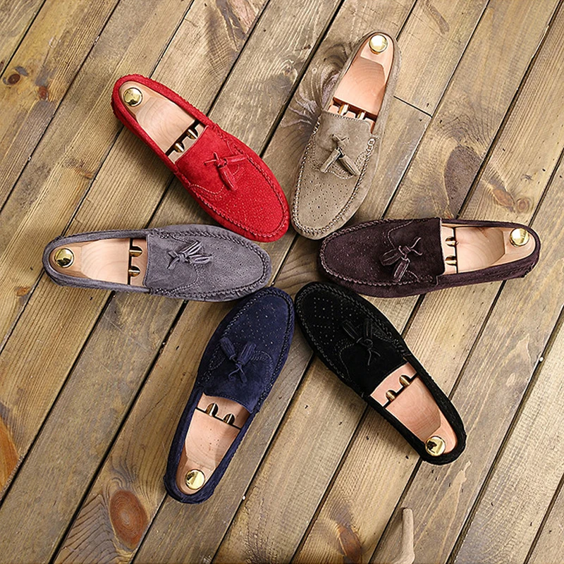 Men Loafers Brogue shoes Genuine Leather Moccasins Slip On Men's Tassel Casual Shoes Male Flats Moccasin Driving | Обувь